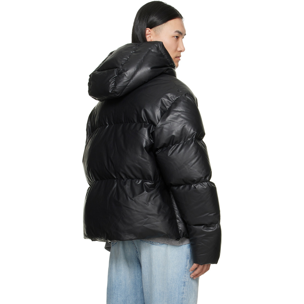 MM6 Maison Margiela Black Faux-Leather Hooded Puffer Down Jacket