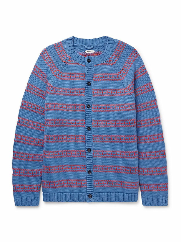 Photo: BODE - Meandering Striped Jacquard-Knit Pima Cotton and Merino Wool-Blend Cardigan - Blue