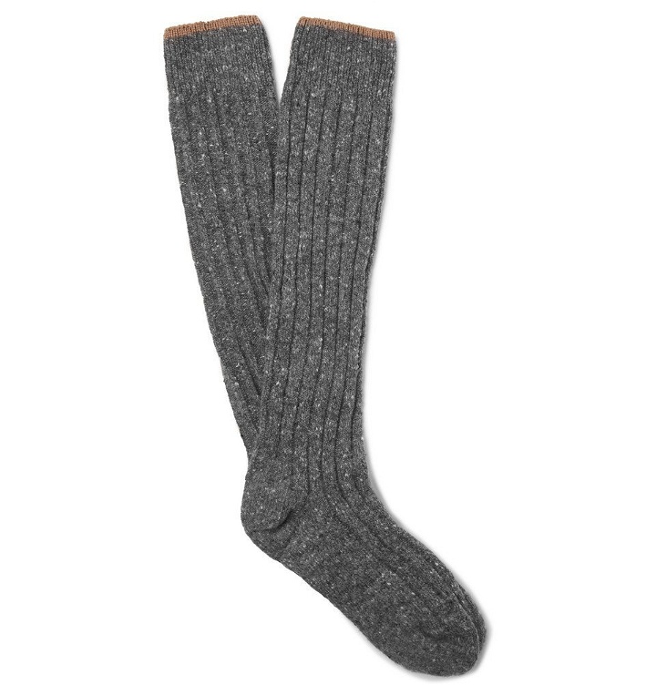 Photo: Brunello Cucinelli - Ribbed Mélange Virgin Wool-Blend Socks - Men - Dark gray
