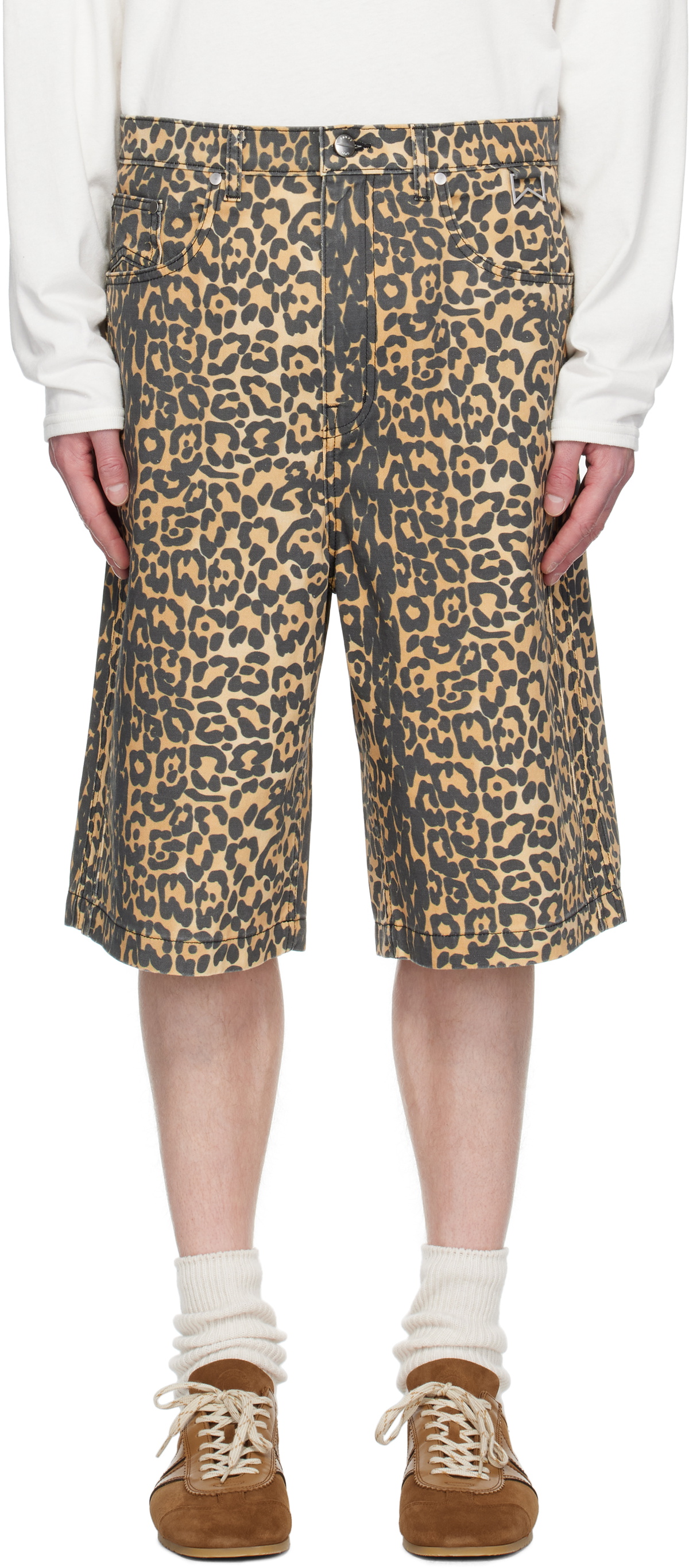 Beige Leopard Traxedo Baggy Denim Shorts by Rhude on Sale