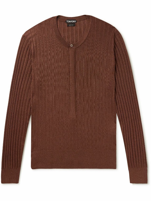 Photo: TOM FORD - Slim-Fit Ribbed Silk-Blend Henley Sweater - Brown