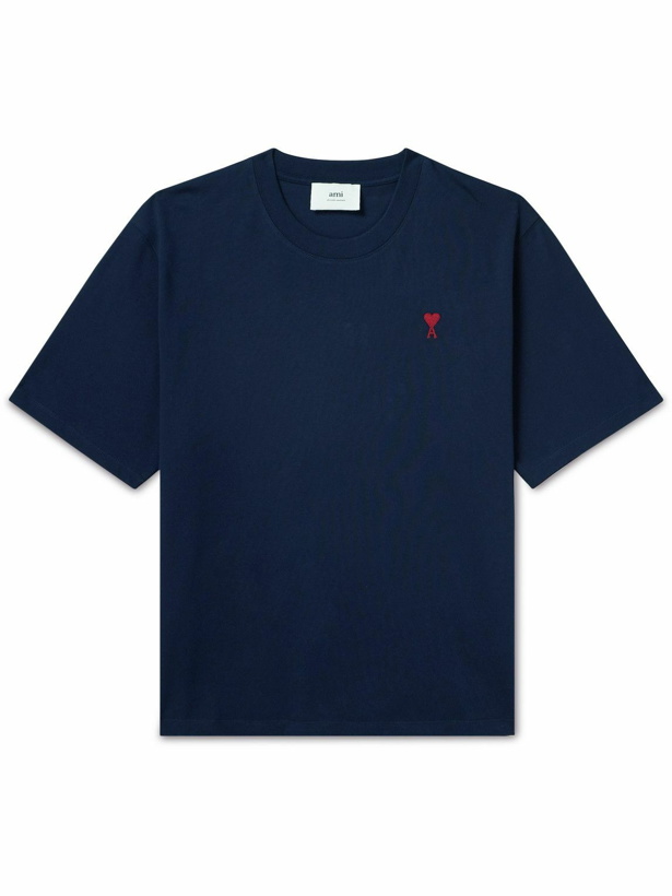 Photo: AMI PARIS - Logo-Embroidered Cotton-Jersey T-Shirt - Blue