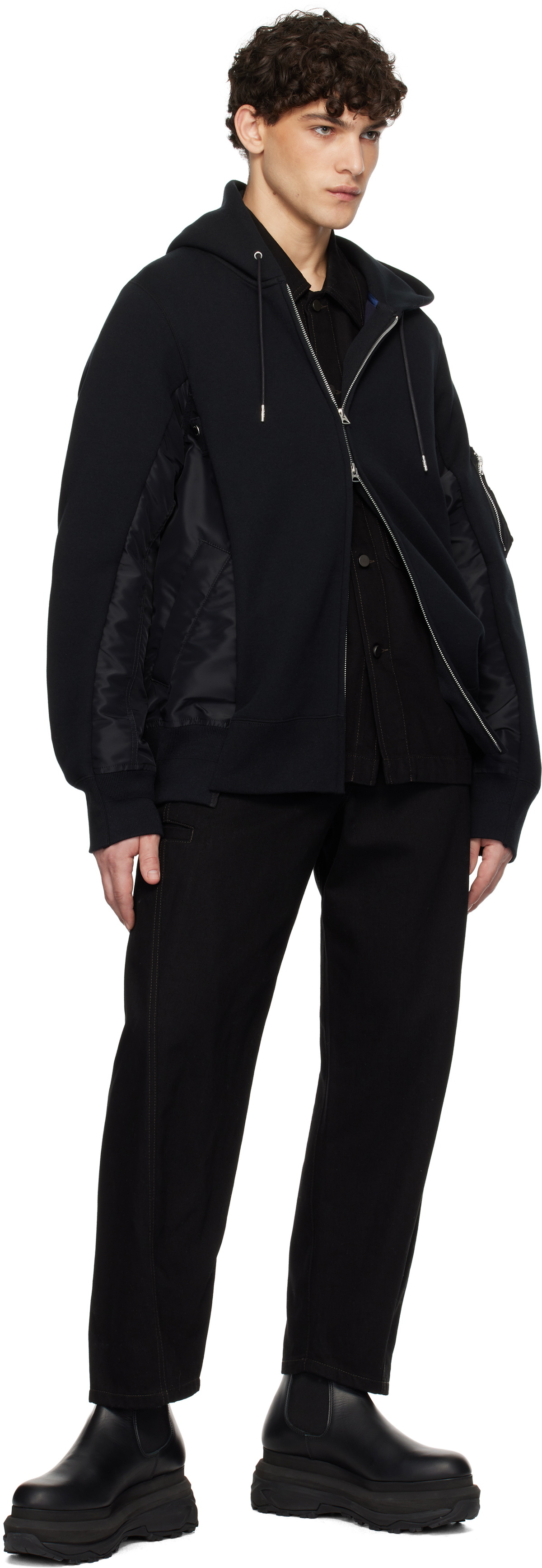 【Sacai】Sponge Sweat x Nylon Twill Hoodie - BLACKxBLACK 002 Sponge Sweat x Nylon Twill Hoodie - BLACK x BLACK 002 (SCM