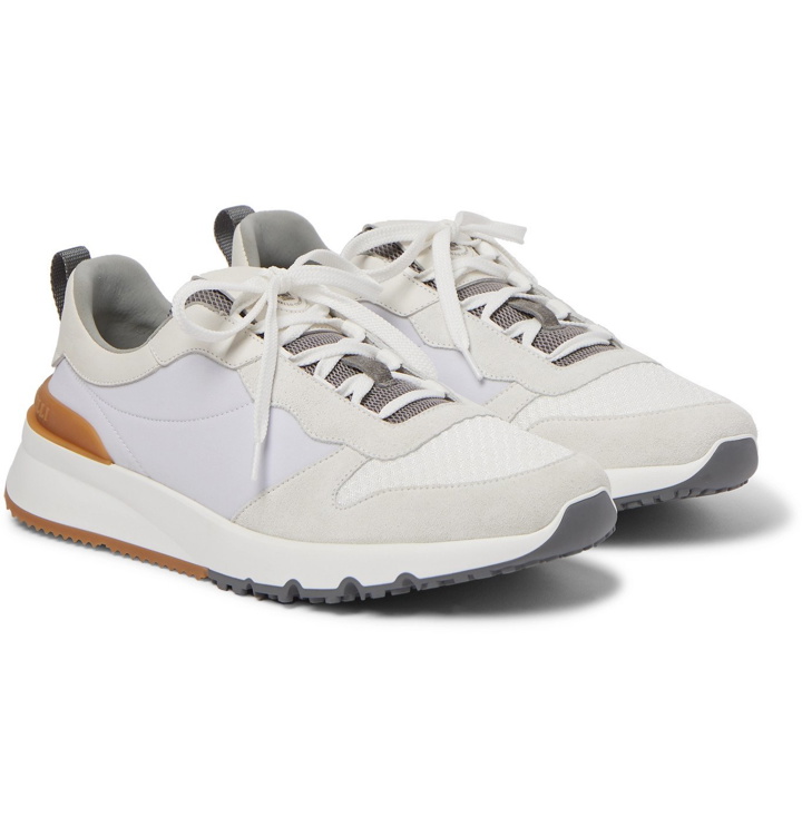 Photo: Brunello Cucinelli - Leather-Trimmed Suede and Neoprene Sneakers - White