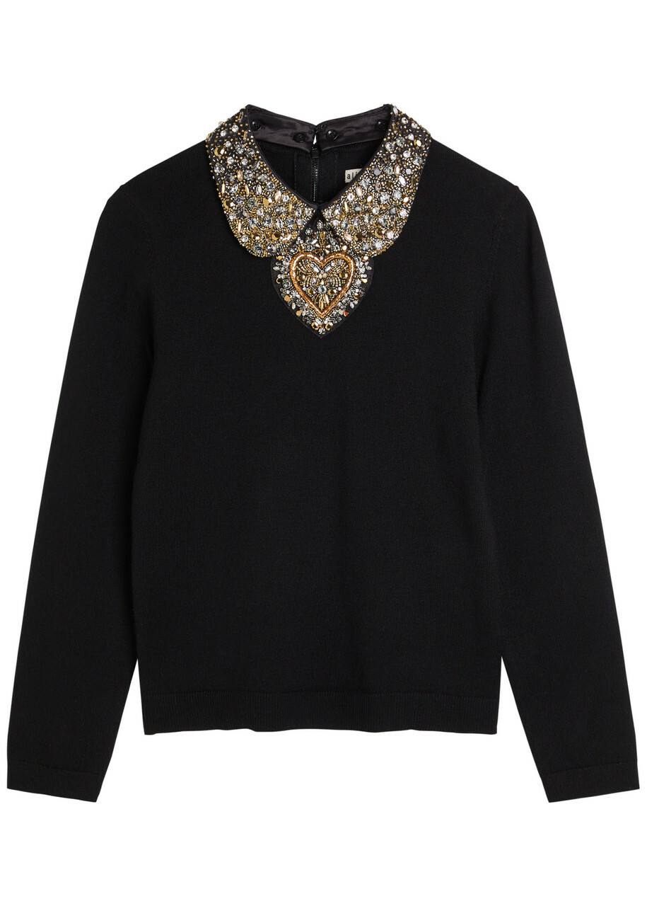 Alice + Olivia Porla Embellished Stretch-wool top Black