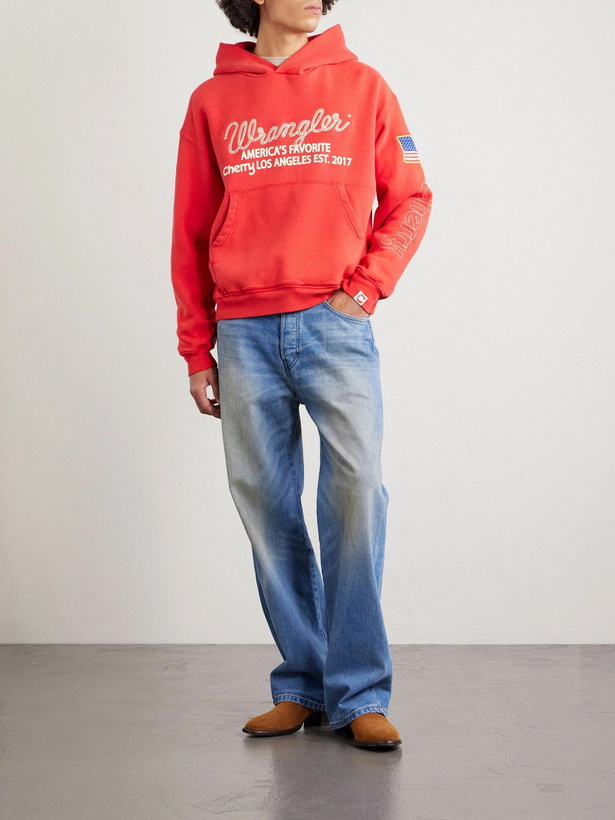Photo: Cherry Los Angeles - Wrangler America's Favorite Logo-Embroidered Printed Cotton-Fleece Hoodie - Red