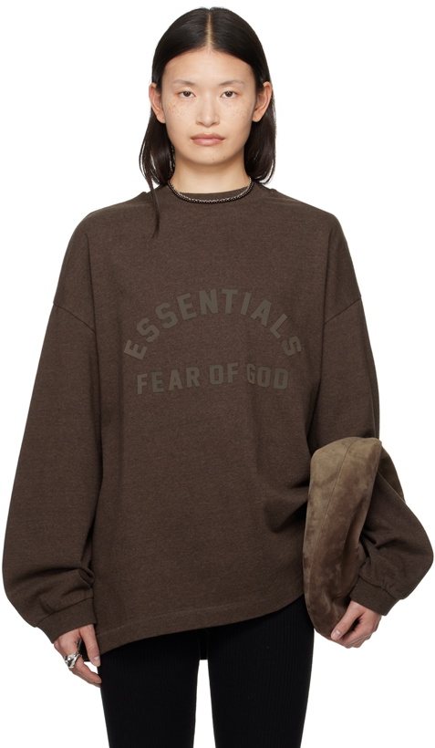Photo: Fear of God ESSENTIALS Brown Crewneck Long Sleeve T-Shirt
