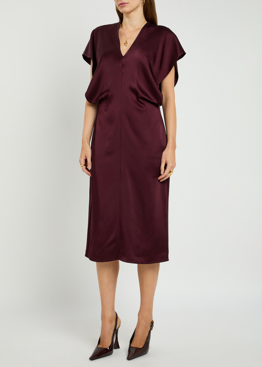 knee length dresses for ladies Satin Crepe Cape Midi Dress in Dark Pink  Roland Mouret