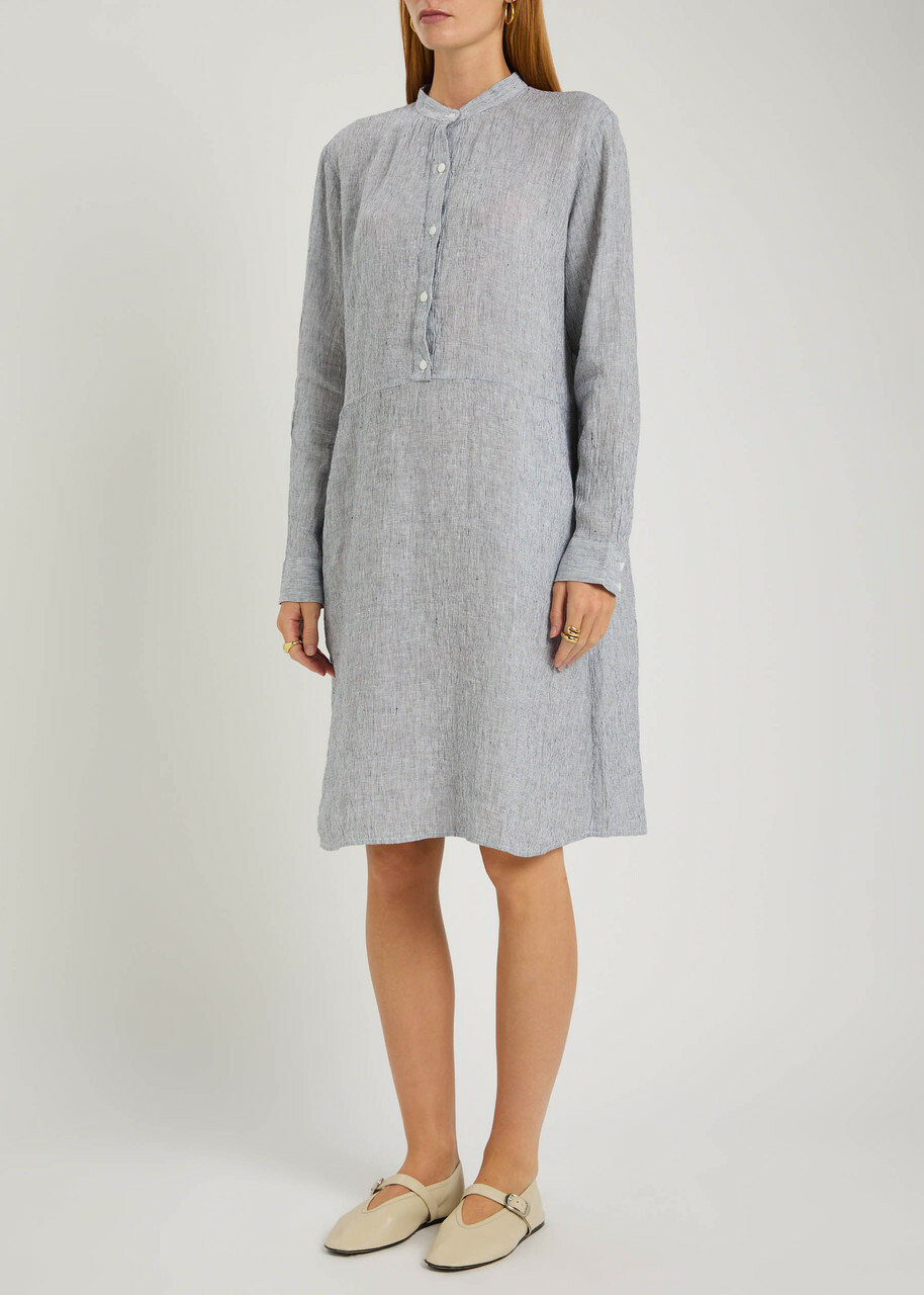 Eileen Fisher Striped Linen Midi Shirt Dress Blue