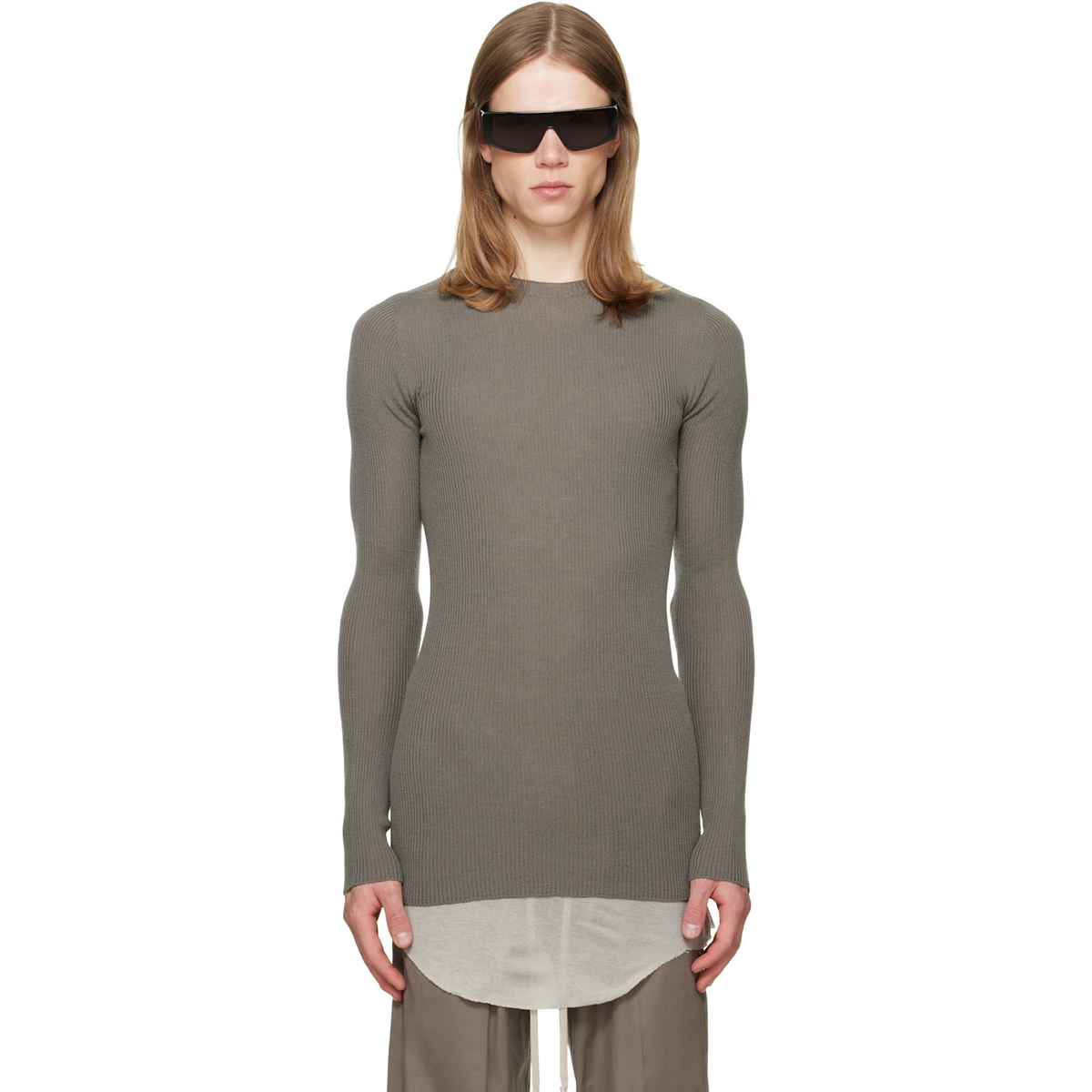 Rick Owens Gray Tower Ribbed Round Neck Sweater