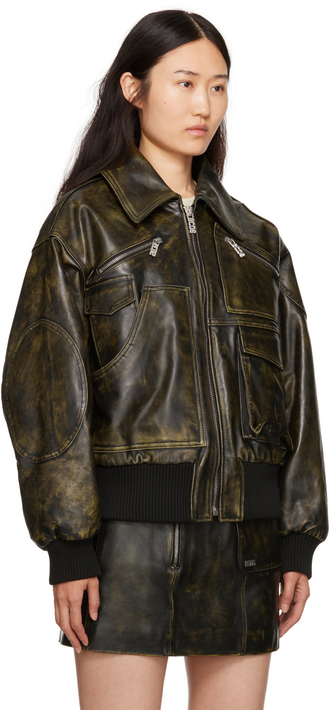 GCDS Black Workwear Rub-Off Leather Jacket