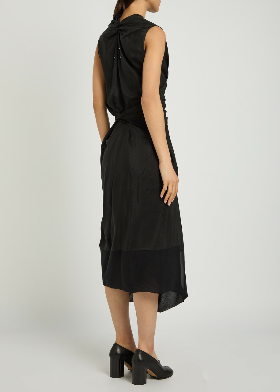 Maison Margiela Gathered Silk Midi Wrap Dress Black