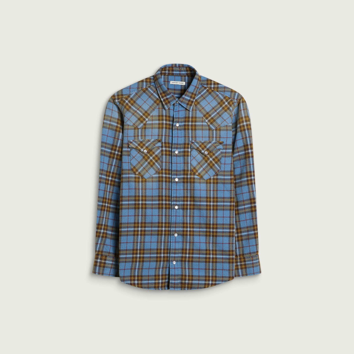 Carter Young Men's Washed Flannel Western Shirt in Cornflower Plaid