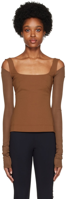 Photo: Nensi Dojaka Brown Cutout Long Sleeve T-Shirt