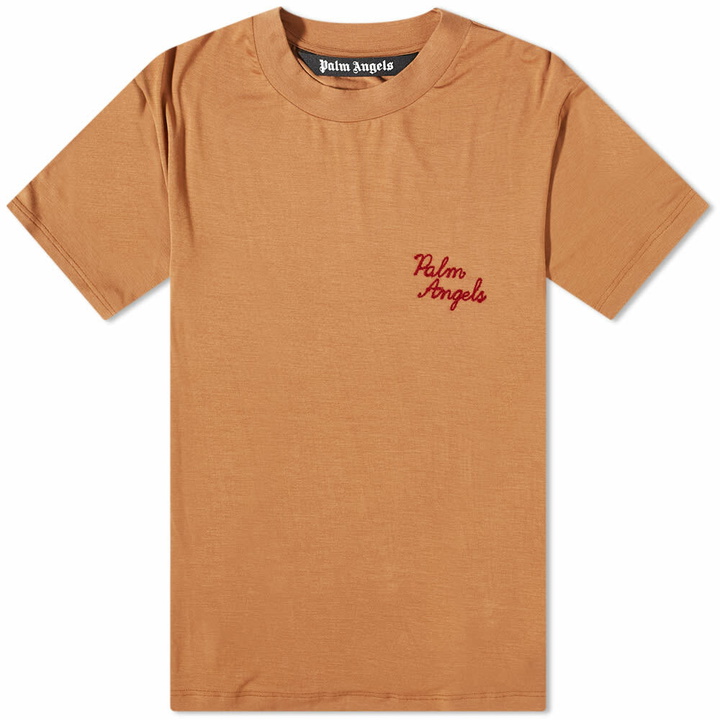 Photo: Palm Angels Men's Embroidered Logo T-Shirt in Sand/Burgundy