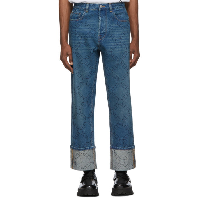 Photo: Valentino Blue Grid Logo Cuffed Jeans