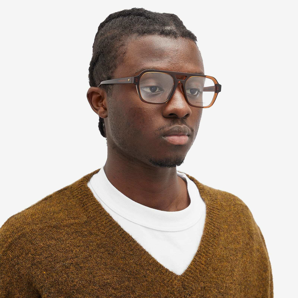 Bottega Veneta Eyewear Men's Bottega Veneta Triangle Stud Optical Glasses in Brown/Transparent 