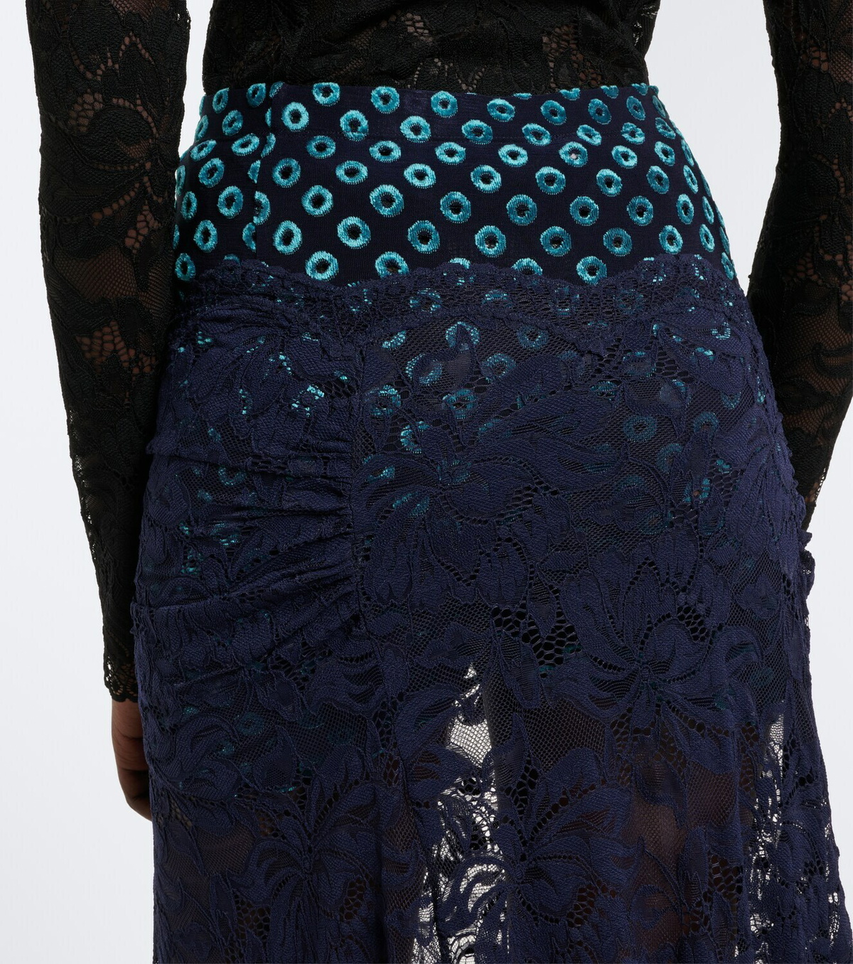 Rabanne Gathered lace and velvet maxi skirt