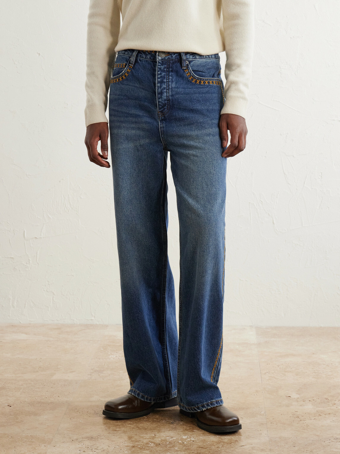MANAAKI - Tukutuku Straight-Leg Embroidered Organic Jeans - Blue