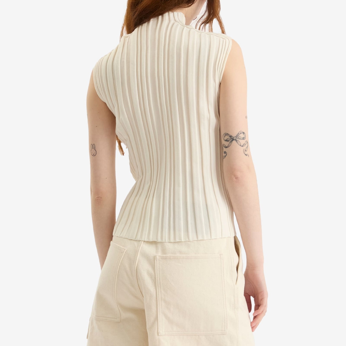 Pleats Please Issey Miyake Women's Rib Knit Short Sleeve Top in Off White 