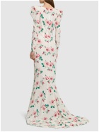 ALESSANDRA RICH Rose Printed Silk Maxi Dress with Appliqué
