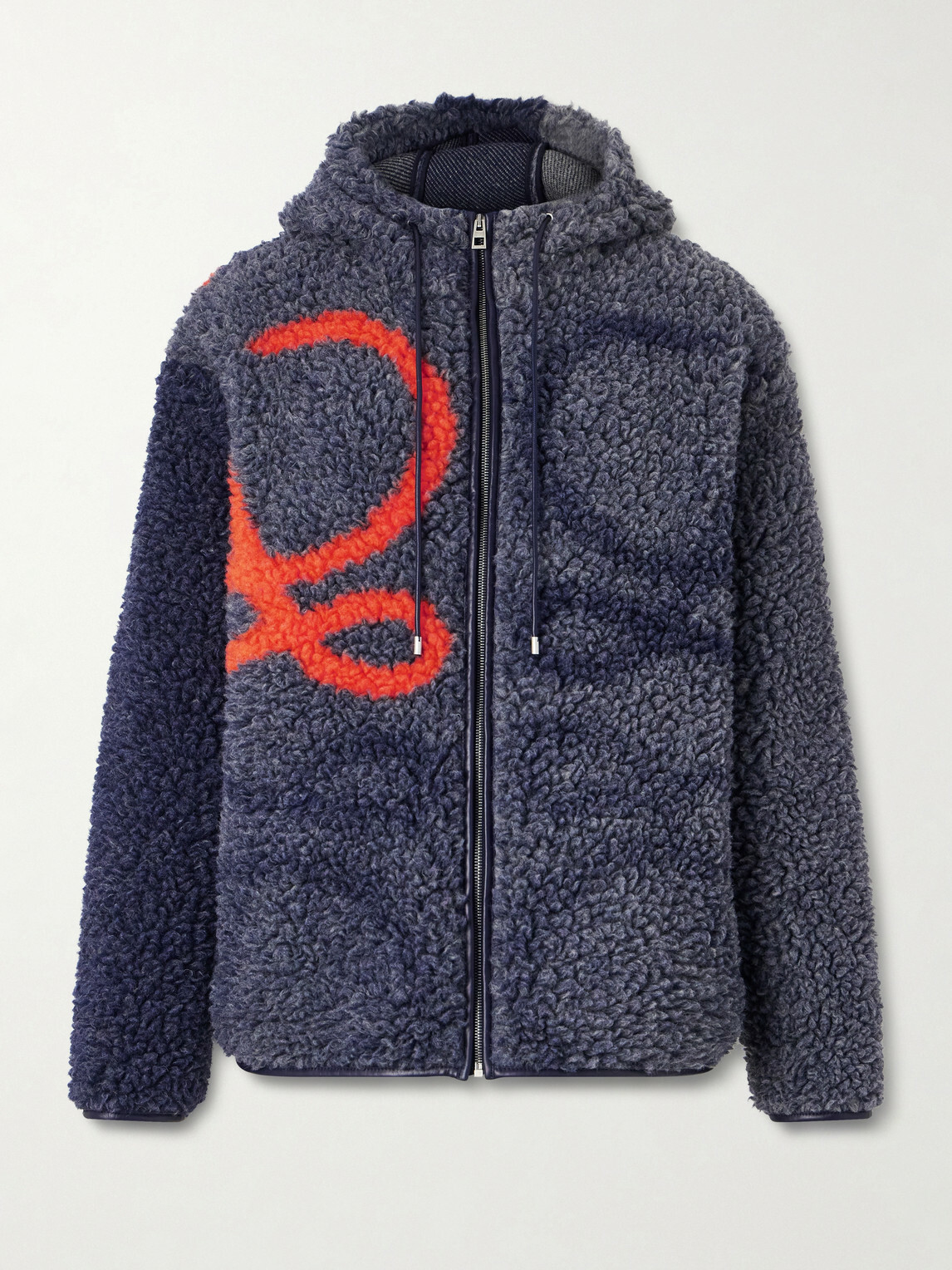 LOEWE - Leather-Trimmed Fleece-Jacquard Hooded Jacket - Blue