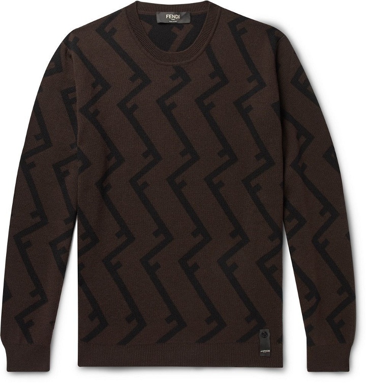 Photo: Fendi - Logo-Jacquard Wool Sweater - Brown