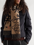 Loewe - Leather-Trimmed Fringed Wool and Cashmere-Blend Jacquard Scarf