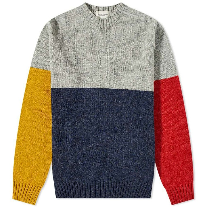 Photo: Country Of Origin Men's Supersoft Seamless Colour Block Crew Knit in Old Gold/Silver/Vintage Heather/Brandy
