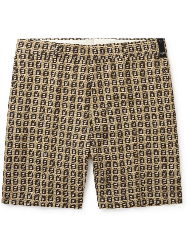 Photo: FENDI - Pleated Logo-Print Woven Bermuda Shorts - Neutrals