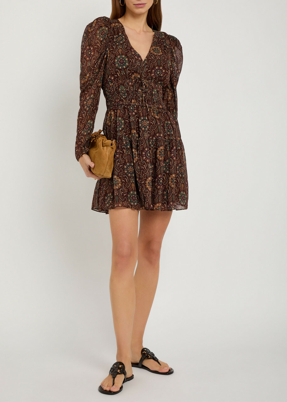Paige Aries Patterned Silk Mini Dress Dark Brown
