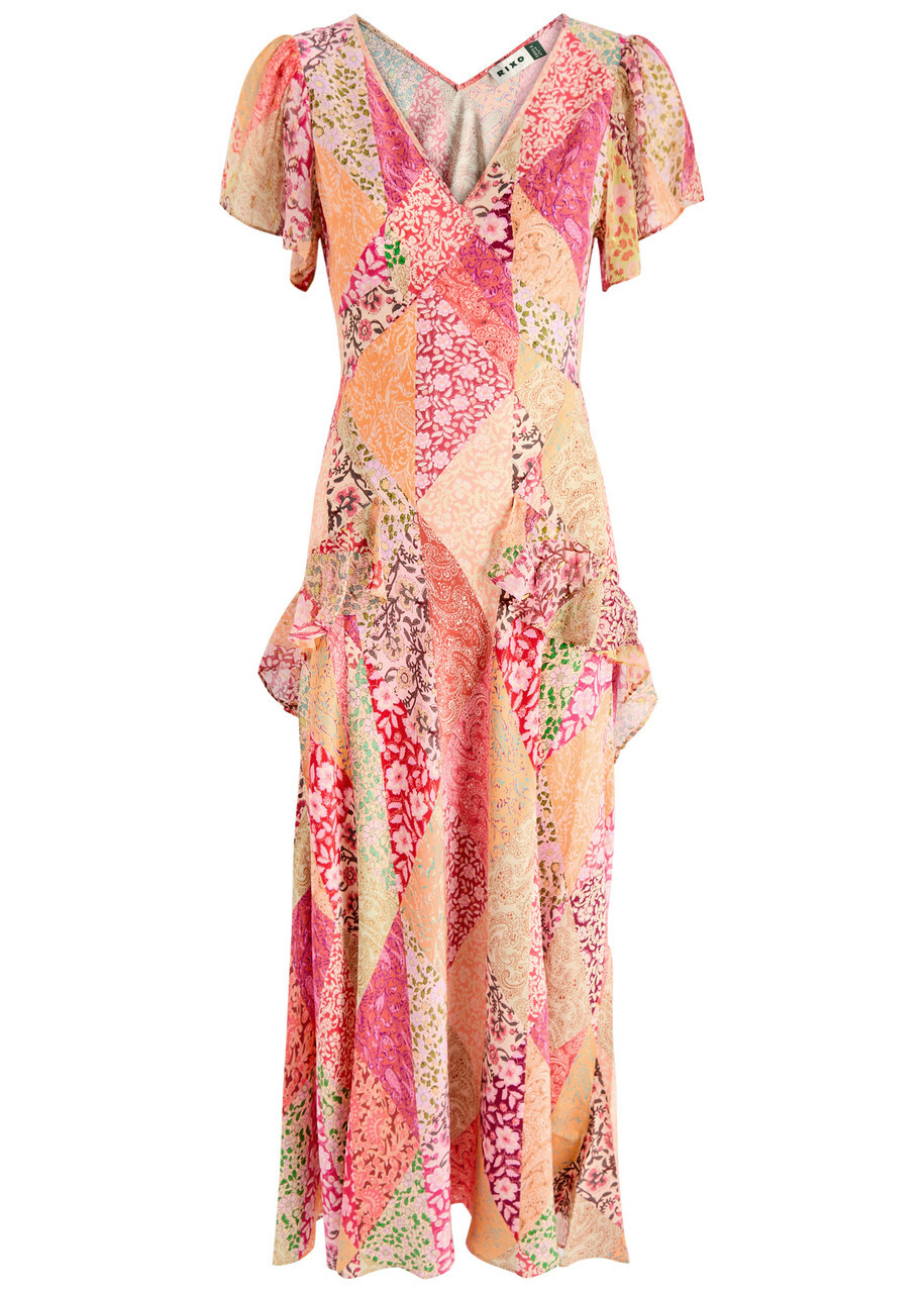 Rixo Evie Patchwork-print Silk Maxi Dress Pink Rixo
