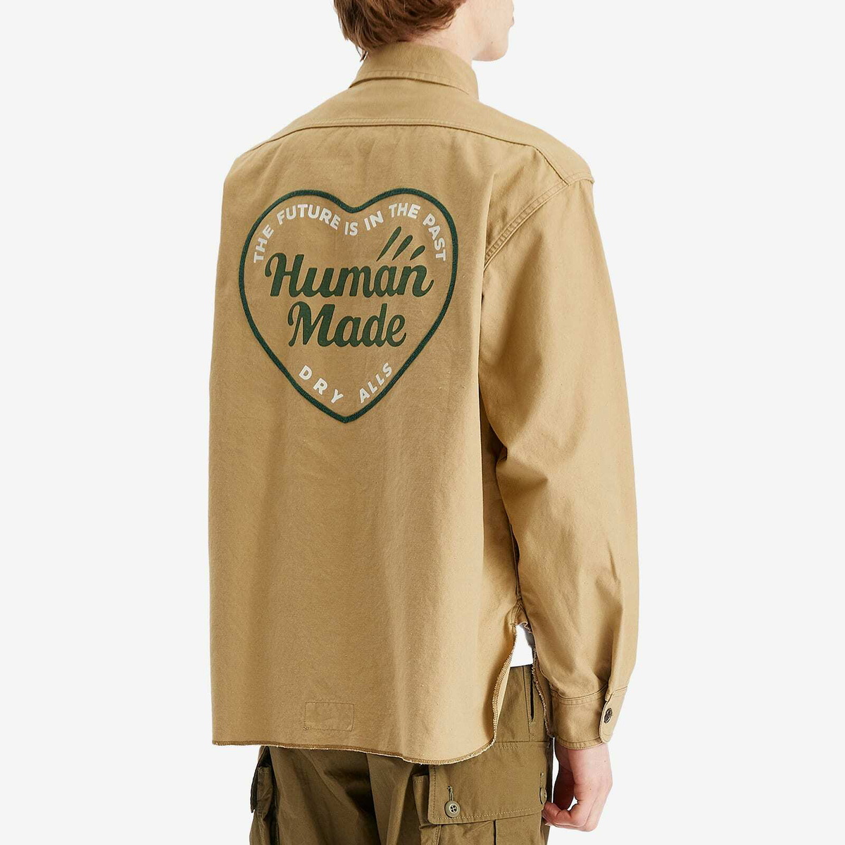 Human Made Men's Zip-Up Heart Print Work Shirt in Beige