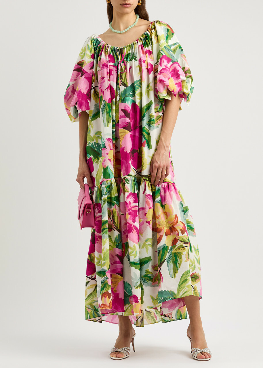 Farm Rio Painted Flowers Printed Cotton-blend Maxi Dress Multicoloured
