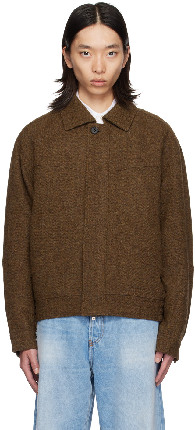 lesugiatelier Brown Herringbone Bomber Jacket
