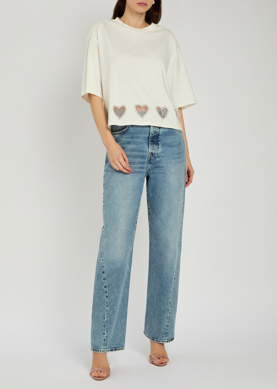 Alice + Olivia Evan Heart Embellished Cropped Cotton T-shirt White