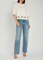 Alice + Olivia Evan Heart Embellished Cropped Cotton T-shirt White