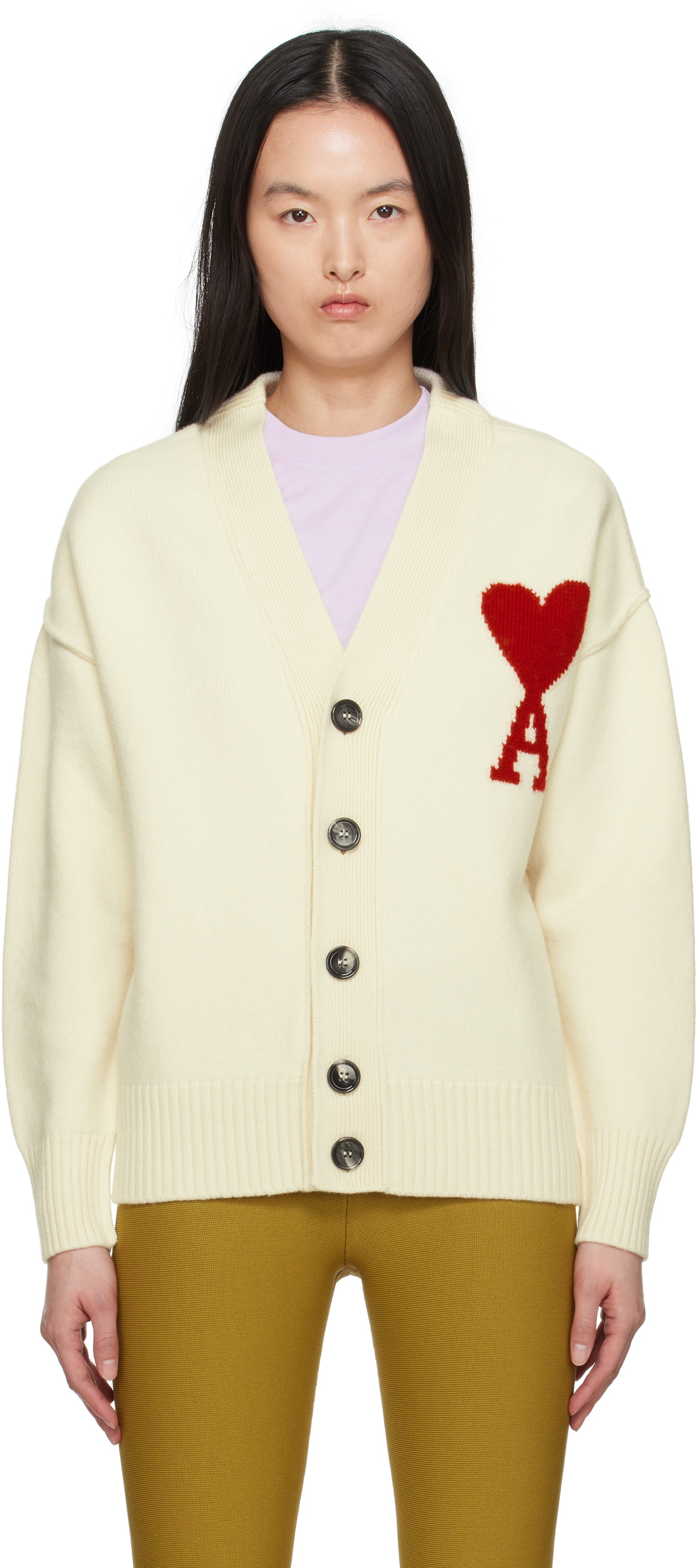 ★人気★ AMI de Coeur Wool Cardigan Champagne Ami Paris Tonal Ami De Coeur Cardigan – CASTELLOSTORE