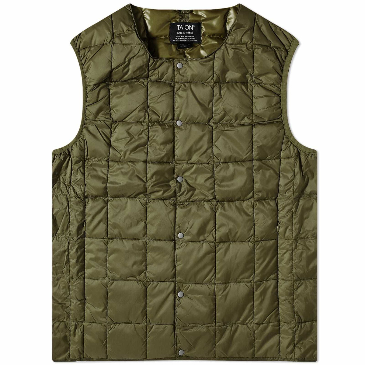 Taion Men's Crew Neck Down Vest in Dark Olive Taion Extra
