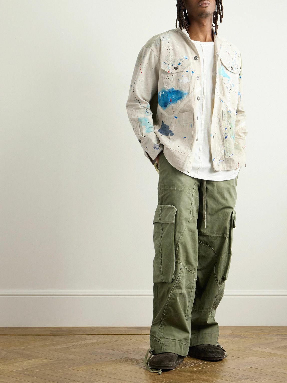 Greg Lauren - Wide-Leg Patchwork Cotton-Canvas Drawstring Cargo Trousers - Green