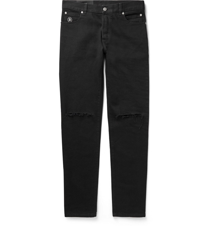 Photo: Balmain - Slim-Fit Tapered Distressed Denim Jeans - Black