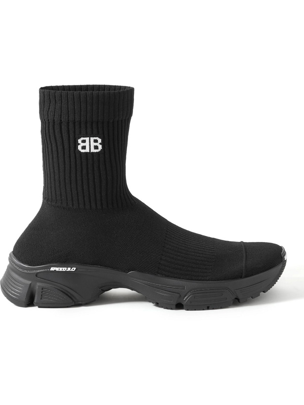 Photo: Balenciaga - Speed 3.0 Logo-Jacquard Stretch-Knit Slip-On Sneakers - Black