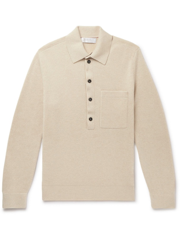 Photo: Brunello Cucinelli - Ribbed Cashmere Polo Shirt - Neutrals