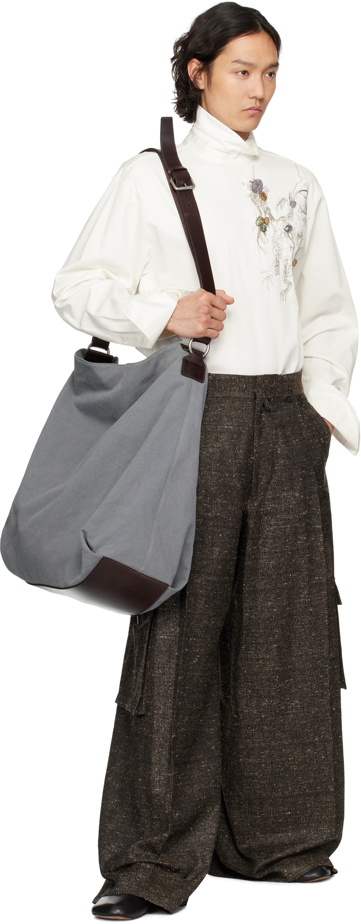 DRIES VAN NOTEN コットンキャンバストート ラージ ホワイトグレー Dries Van Noten Gray Large Canvas Bag Dries Van Noten