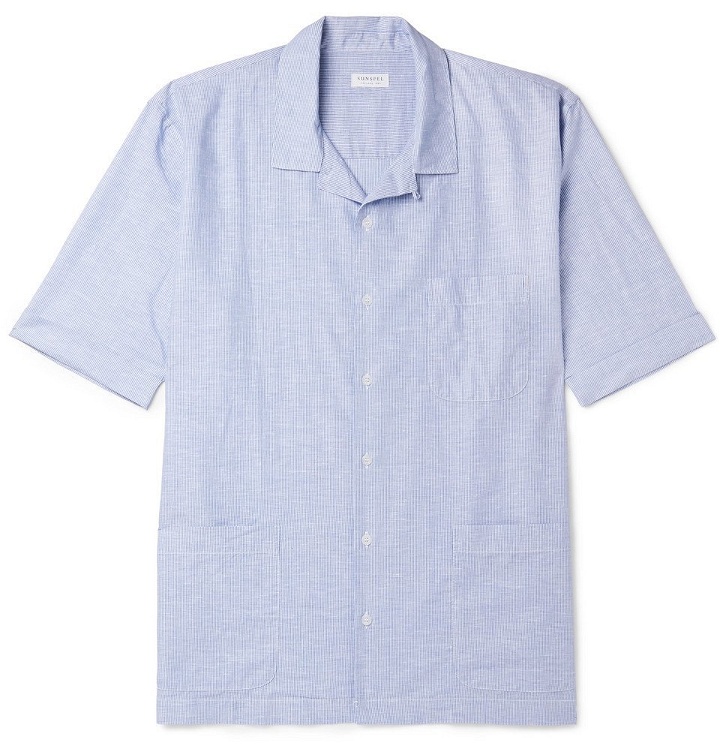 Photo: Sunspel - Cortina Camp-Collar Striped Linen and Cotton-Blend Shirt - Blue