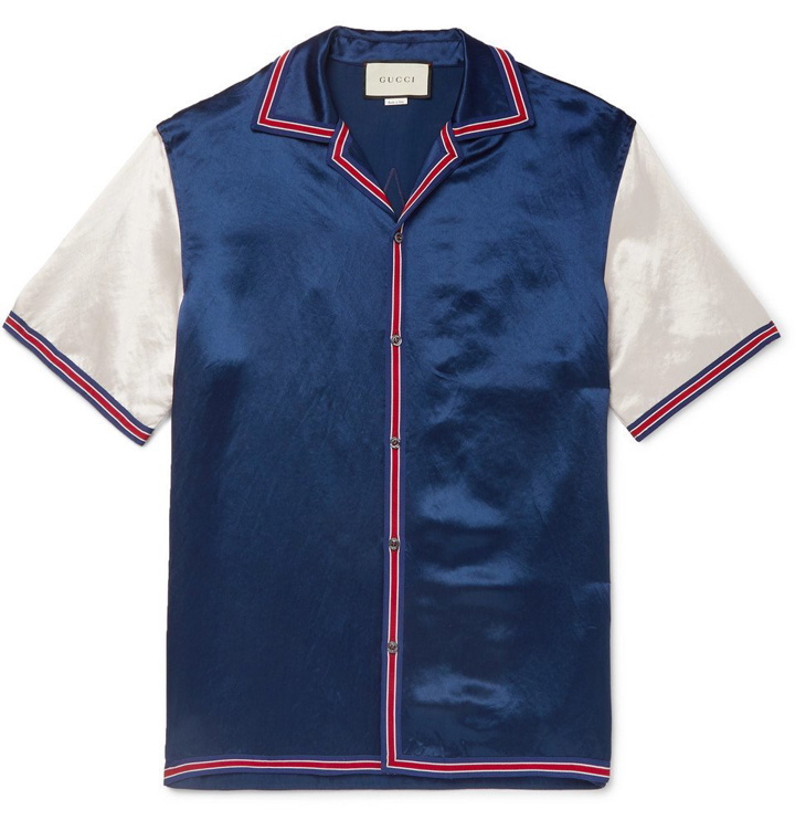 Photo: Gucci - Camp-Collar Logo-Embroidered Satin Shirt - Blue