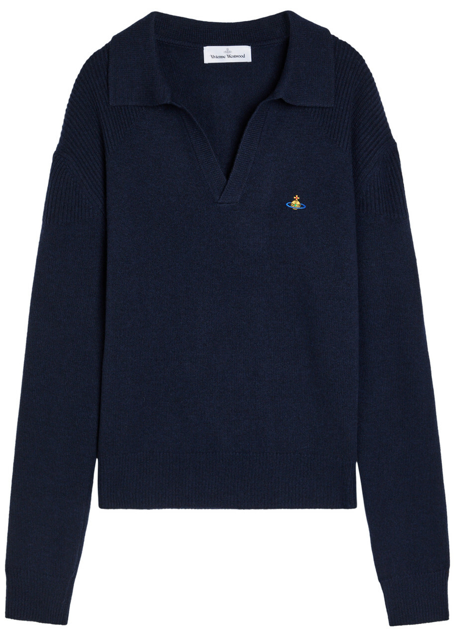 Vivienne Westwood Logo-embroidered Wool and Cashmere-blend Polo Jumper Navy