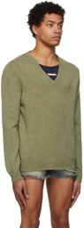 Maison Margiela Green Double Layer V-Neck Sweater