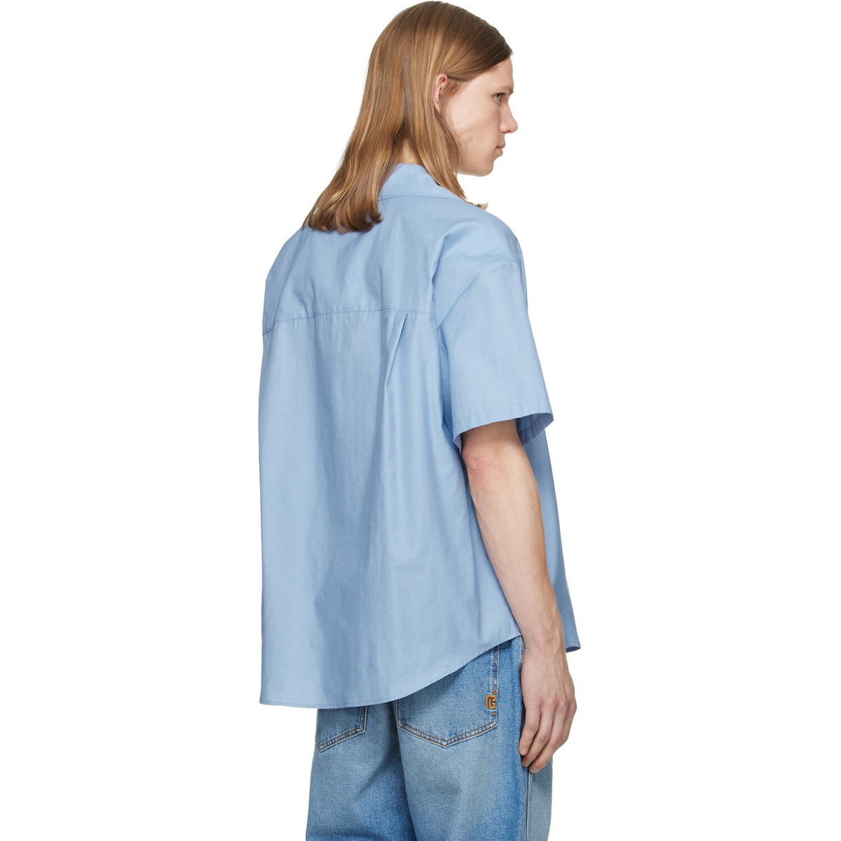 BALMAIN Blue Herringbone Poplin Short Sleeve Shirt