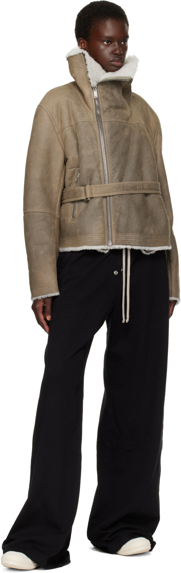 Rick Owens Gray Tower Shearling Cropped Flight Jacket